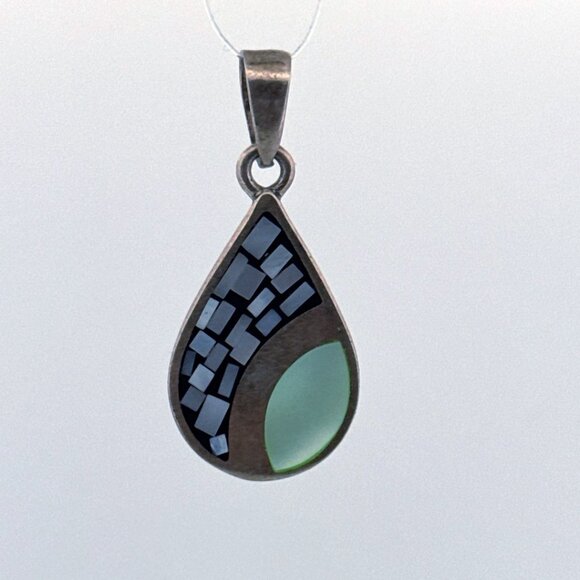 Estate Sterling Silver 925 Mosaic Inlay Teardrop Pendant No Chain 10g Vintage - Picture 1 of 8